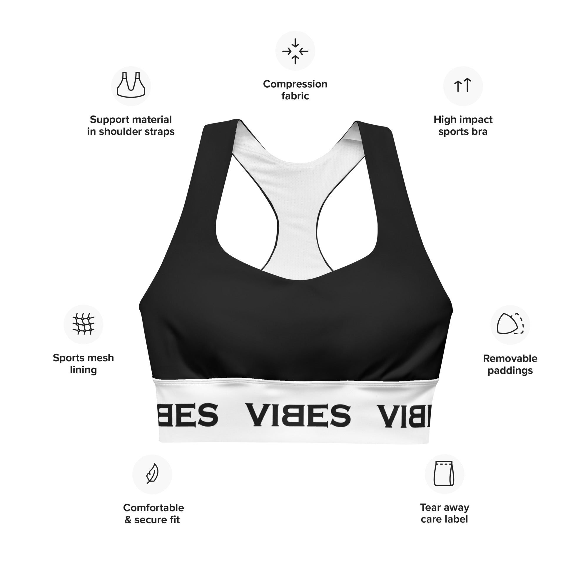 VIBES Langer Sport-BH (Schwarz/Weiß)