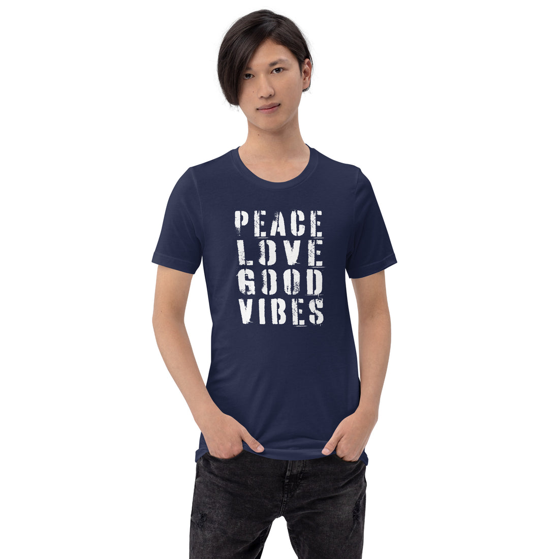 TIME OF VIBES Baumwoll T-Shirt PEACE-LOVE (Marineblau-Weiß) - €25,00